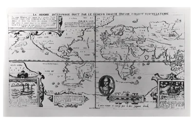 Carte du monde détaillant les expéditions et la circumnavigation globale de Sir Francis Drake (c.1540-96) 1577-1580